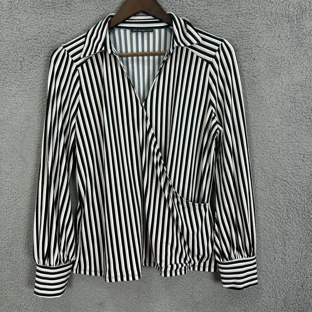 Adrianna Papell top womens medium green black vertical stripe faux wrap blouse